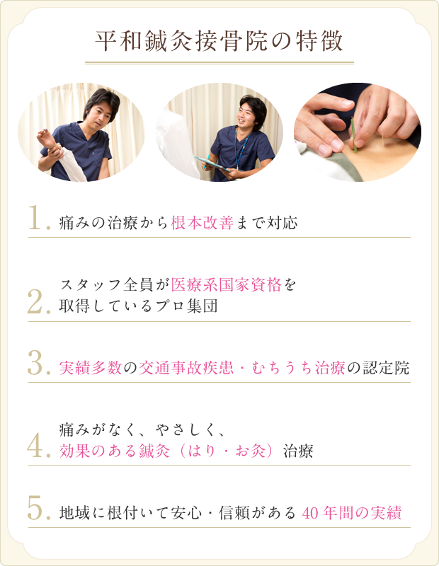 平和鍼灸接骨院の特徴 1.痛みの治療から根本改善まで対応 2. スタッフ全員が医療系国家資格を取得しているプロ集団 3.実績多数の交通事故疾患・むちうち治療の認定院 4.痛みがなく、やさしく、効果のある鍼灸(はり・お灸)治療 5.地域に根付いて安心・信頼がある長年にわたる実績